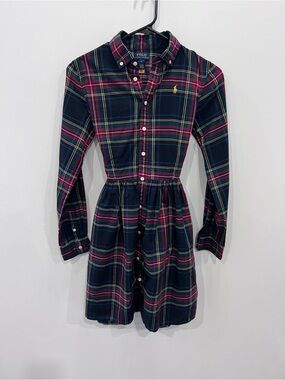 Polo Ralph Lauren Girls Plaid Shirt Dress Size 16 Navy, Red, Green Button Front